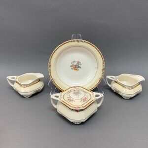 W H Grindley & Co Ivory Alton Sugar Bowl Creamer Gold Trim Floral Lot of 4